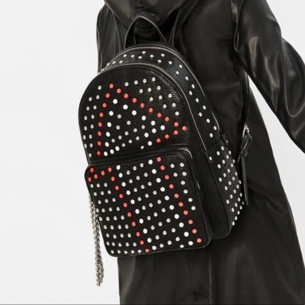 Studded Black Leather Backpack with Red & White Accents